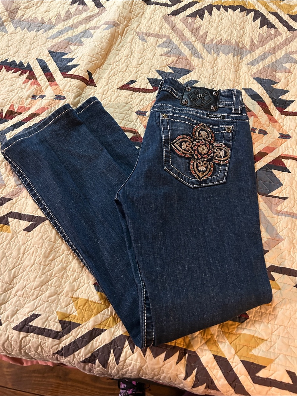 Miss Me Dark Blue Straight Leg Jeans with Embroidered Back Pocket
